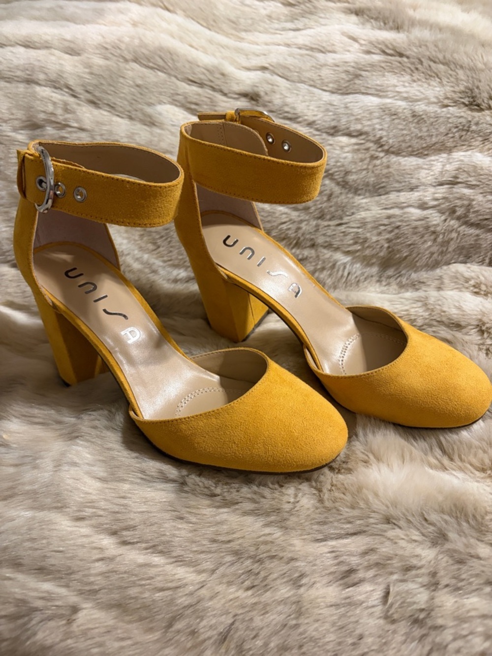 Unisa Yellow Suede Ankle-Strap Block Heels - Size 7 - Wedding Guest Shoes